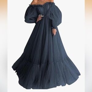 Elegant Off-Shoulder Navy Blue Dress Puffy Sleeves